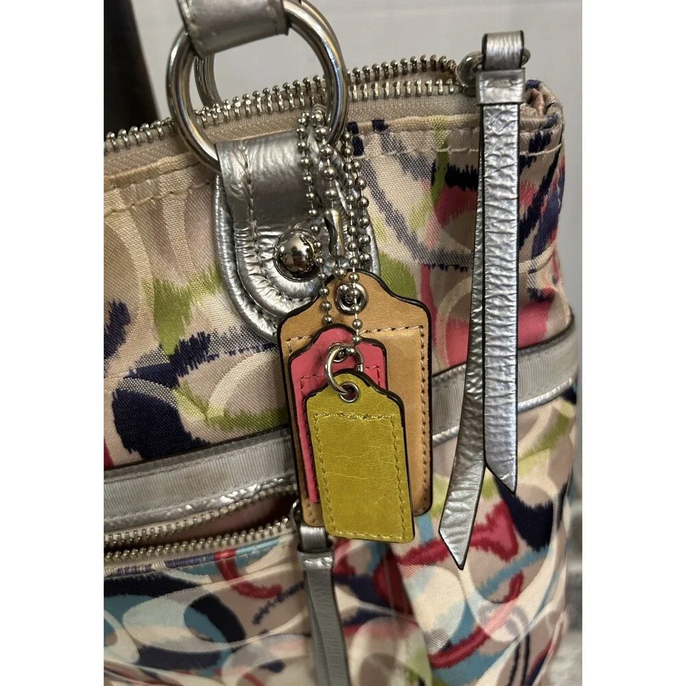 Coach Poppy Ikat Signature C Glam Shoulder Tote Bag Watercolor Print Silver Trim